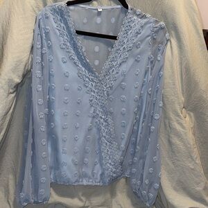 Light Blue Lace-Trim Swiss Dot Blouse